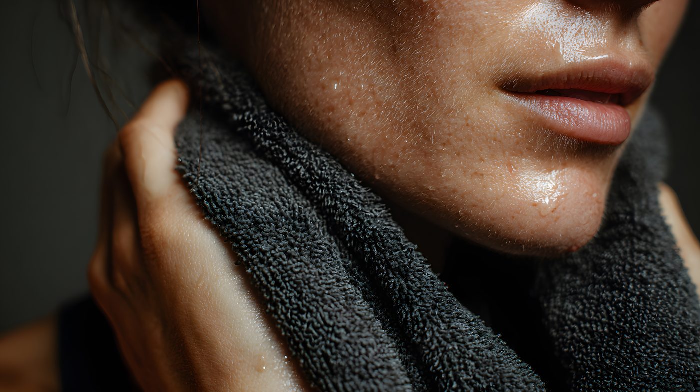 Close-up of a woman wiping sweat with a dark towel after a heated class